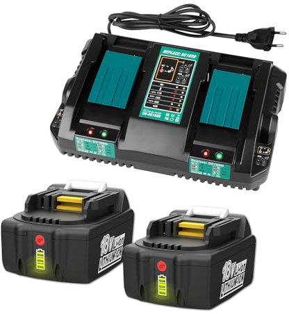 Ladegerät 18V mit Akku Ersatz für Makita Akku 18V 5Ah 2 Stück BL1850B und makita doppelladegerät 18v DC18RD DC18SF Kompatibel mit Makita rasenmäher Akku 2 x 18v Akku-Kettensäge DUC353 DUC355Z DDF485Z