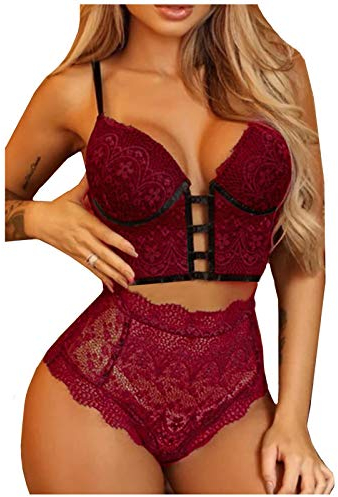 Julhold Damen Dessous Sexy Reizwäsche Spitze Unterwäsche V-Ausschnitt Lingerie Transparente Wäsche Strapsen Set Nachtwäsche Bodysuit Negligee Corsage(Rot,3XL)