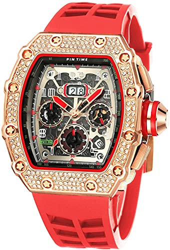 Gosasa Montre rectangulaire pour Homme - Style Punk - Étanche - Analogique - Chronographe - Sport - Travail - Bracelet Lumineux en Silicone, Y Or Rose - Rouge, L, Chronographe