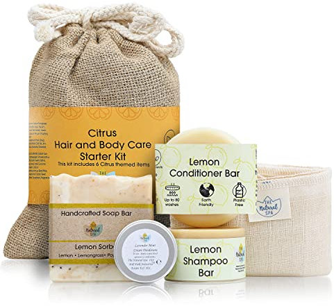 The Natural Spa Hair and Body Wash Set | Shampoo, Conditioner & Seifenstück, Deodorant, Waschlappen, Reisebeutel (Zitrusgelb)
