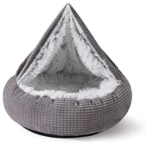 MIXJOY Hundebett mit Decke, rund, beruhigend, gemütliche Höhle für mittelgroße Hunde, weiches Plüsch-Welpenbett und Höhle, rutschfeste Unterseite, 66 cm