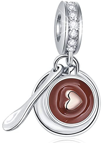 Dangle Coffee Cup with Saucer Spoon Charms, 925 Sterling Silver I Love Coffee Mug CZ Pendant Beads, fit Pandora Necklace Bracelet, Gift for Friend/Valentines Birthday/Christmas
