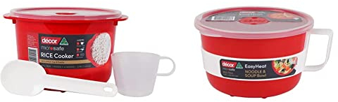 Décor Microwave Rice Cooker & Vegetable Steamer with Rice Paddle & Measuring Cup Non Stick Plastic Rice Pot ideal as Pasta Microwave Cooker | RED 2.75L & Microsafe Soup Noodle Oat Bowl 1.15L