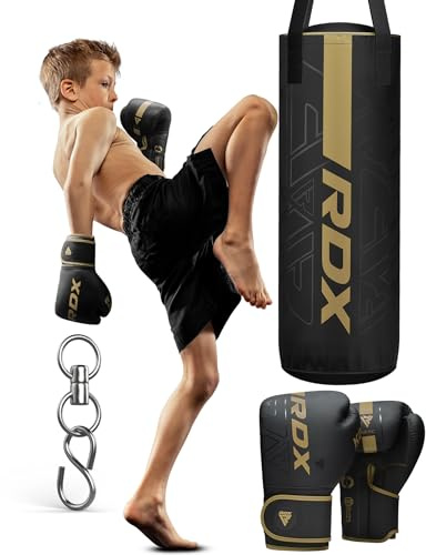 RDX Gefüllt Boxsack Kinder,60 cm Hängend Box Set Für Boxen Kickboxen MMA Muay Thai Karate, Punchingsäcke für Jungen Mädchen, Maya Hide Leder Kids Punching Bag