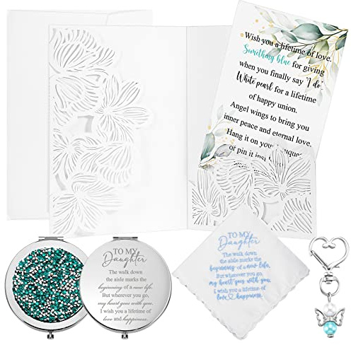Unittype 5 Pcs Wedding Gift to Daughter from Mother, to My Daughter Handkerchief Compact Mirror Bride Angel Charms Gift Card for Bridal Shower Wedding Day Keepsake from Parents, As The Pictures Shown