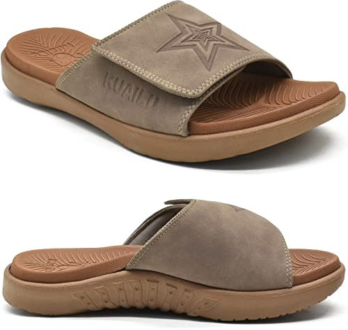 KuaiLu Mens Orthotic Slides Soft Cushion Sport Sandals with Plantar Fasciitis Arch Support Adjustable Open Toe Summer Slippers Slip on Indoor Outdoor Chestnut Size 9