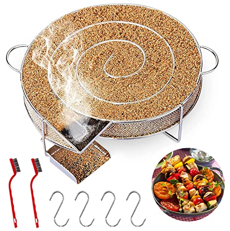 Generateur De Fumee Froide Pour Fumoir Serpentin Pour Fumoir Fumoir a Froid Fumoir Générateur De Fumée En Acier Inoxydable Avec 2 Brosse, 5 Crochets à Viande Pour Griller Bacon Poisson Saumon(Rond)