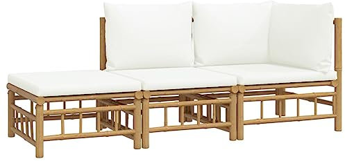 vidaXL Garten Lounge Set 3-TLG., Gartenmöbel Set mit Cremeweißen Kissen, Sitzgruppe für Garten Terrasse, Modular Sofa Garnitur Loungemöbel, Bambus