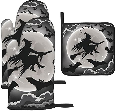 Hitzebeständige Ofenhandschuhe und Topflappen, 3er-Set, Halloween-Hexe, bedruckt, rutschfest, wasserdicht, zum Backen, Kochen, Grillen