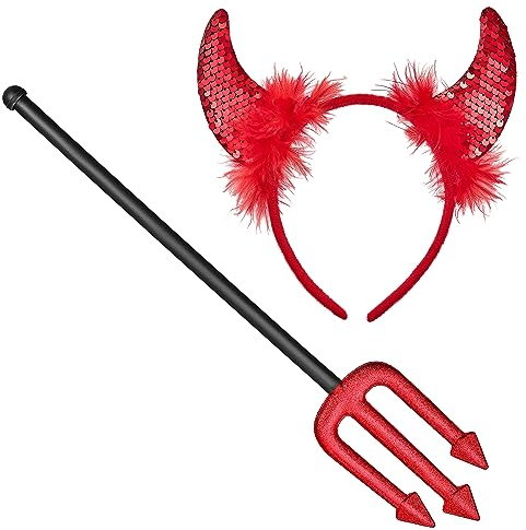 Balinco Halloween Teufel Kostüm Set, Teufelsohren + Dreizack, Teufelchen Outfit, Teufel Hörner Rot, Teufelsgabel, Teufelsdreizack, Satan Outfit, Karneval, Fasching