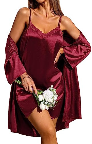 Ekouaer Seiden Bademantel Damen Morgenmantel Zweiteiliger Sexy Satin Nachtwäsche Pyjama Set Lässig Loungewear Rot XXL