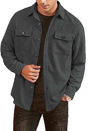 Elegancity Men's Corduroy Shirts Casual Long Sleeve Button Down Trucker Jacket Autumn Winter Coats with Pockets (Grey, Large)