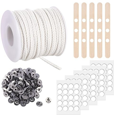 Yoosso 1600cm Kerzendocht, 75 Stränge Kerzendochte für Dicke Kerzen Kerzendocht Rolle Kerzen Dochten Set Kerzendocht Baumwolle mit 100 Metallbasis Aufkleber für Weihnachten Dick Kerzen