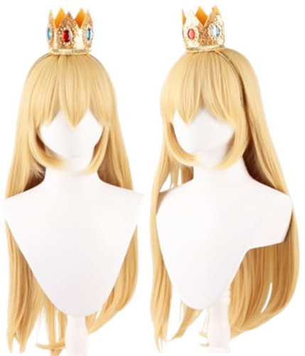 COSPLAZA 70cm Blonde Pfirsich Prinzessin Peach Kunsthaar Cosplay Perücke mit Krone Lange Wellige Kostümperücke Set für Halloween Party