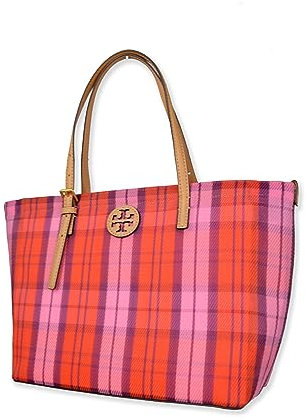 Tory Burch Emerson Damen 146732 Gold-Tone Hardware Mesh Woven E/W Market Tote Bag, 650 rosa/rot kariert