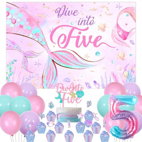 Dive Into Five Mermaid Birthday Party Decorations, Girl Ocean Theme 5th Birthday Backdrop Cake Cupcake Toppers, Mermaid Tail Shell Foil Balloon Pink Purple Blue Balloon for Girl 5 Year Old Party