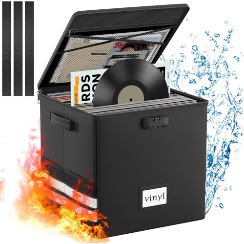 Onvvippiv Vinyl-Schallplatten-Aufbewahrungsbox mit Schloss, feuerfest, wasserdicht, widerstandsfähig, Organizer für 100+ 30,5 cm große Schallplatten, faltbare Aufbewahrungsbox mit Griffen für