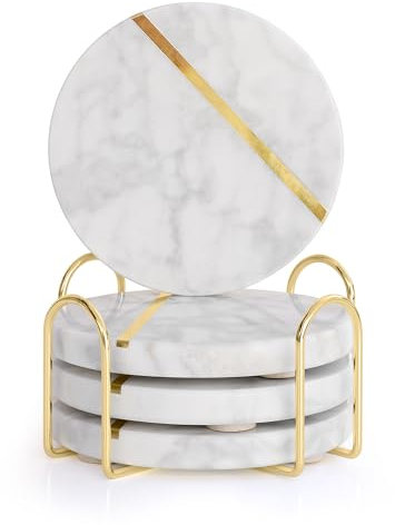 Schön Haus Lot de 4 dessous de verre en marbre poli blanc naturel avec incrustation en laiton – Comprend un support/support en métal doré – Rembourré en feutre antidérapant – Scellés et résistants aux