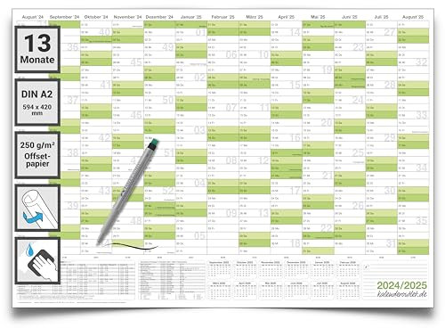 Kalenderoutlet abwischbarer Schüler Wandkalender 2024/2025 grün A2 inkl.1 Marker gerollt für Schüler Lehrer und Familie