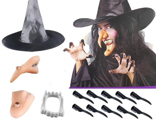 Young Wolf Erwachsenen-Make-up-Kostüm, Party, Halloween-Zubehör, 5er-Set (Nase, Kinn, Figurennagel, Zähne und Hut)