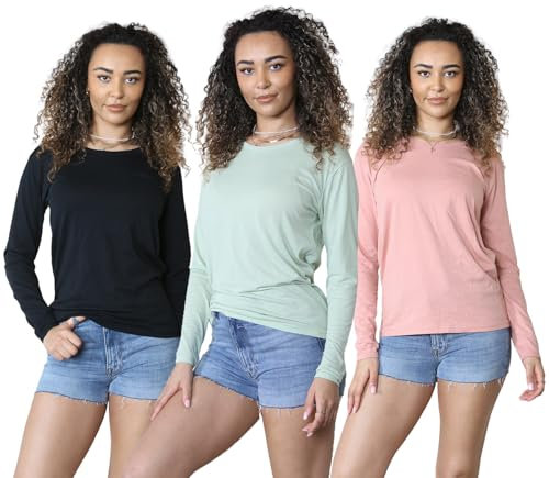 Bahob® 3 Pack Women's Classic-Fit Long Sleeve Crewneck T-Shirt, Multipacks Ladies Long Sleeve T-Shirt Top S-XXL (WFTS-111-A, Small)