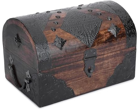 Ajuny Schmuckkästchen aus Holz mit Piratenschatzkiste Handgefertigter Vintage Andenken Organizer mit Muschelstreifen für Halsketten Ohrringe und Schmuckstücke Geschenkbox - 23.8 x 15.2 cm Große