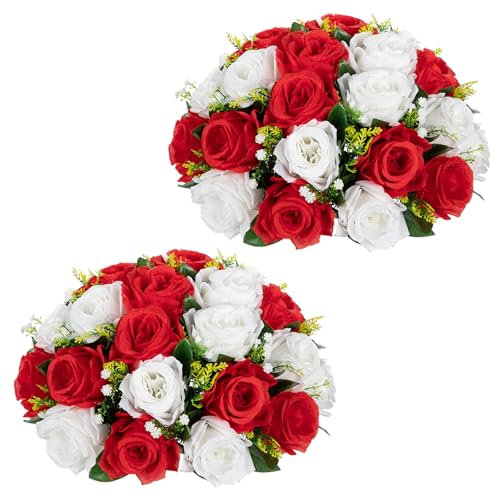 2er-Set Künstliche Rosen Blumenkugel mit 30 Köpfrosen Kunstseidenblumen Blumenstrauß Blumenstrauss Rosen Bouquet für Hochzeit Zuhause Tischparty Fensterdekoration Hochzeitsmittelstücke, Weiß-Rot