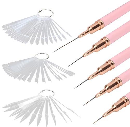 LHOEST 55 Stück Nail Art Pinsel Set, 5 Nagelpinsel Dünn und 50 Nagel Display Set, Acryl Gel Pinsel für Nägel Gelnägel, nailart pinsel für Nageldesign Nagel Zubehör (7/9/11/15/25 mm)