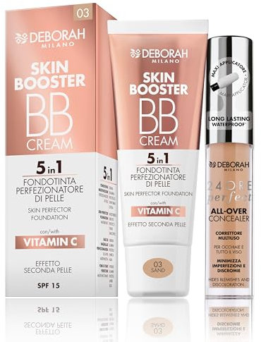 Deborah Milano BB Cream Skin Booster, SPF 15, 03 Sand, mit Vitamin C, zweite Haut, 30 ml und 24-Stunden-Perfect All-Over, flüssiger Concealer, 05 Bernstein, wasserfest und langanhaltend, 5,5 g