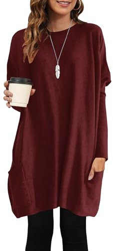 AUSELILY Long Sleeve Tops Women Long Lightweight Jumpers Ladies Oversized T-Shirts Loose Tunic Tops Sweatshirts with Pockets Brick Red XXL