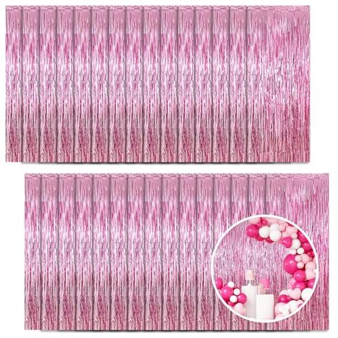 Lametta Vorhänge Rosa, 30 Stück 1x2.5M Folie Fransen Luftschlangen Deko Metallic Tinsel Vorhange Hintergrund Folien Luftschlangen für Geburtstag, Hochzeit, Weihnachten, Neujahr, Disco Party Deko