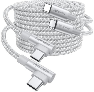 SYNCWIRE USB C to USB C Charger Cable, 2 Pack 6.6ft Type C 60W Fast Charging Cord, Nylon Braided Right Angle Cable for iPhone 15/15 Pro/15 Plus/15 Pro Max, Samsung Galaxy S24, iPad, MacBook Silver