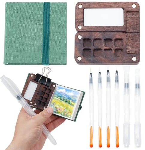PLIGREAT Mini Skizzenbuch Tragbare Aquarellpalette Set Holz 8 Gitter Malkasten, Aquarell Papier Block Aquarell Skizzenbuch Aquarell Pinsel Stifte mit Bindeklammern für Maler Künstler Studenten