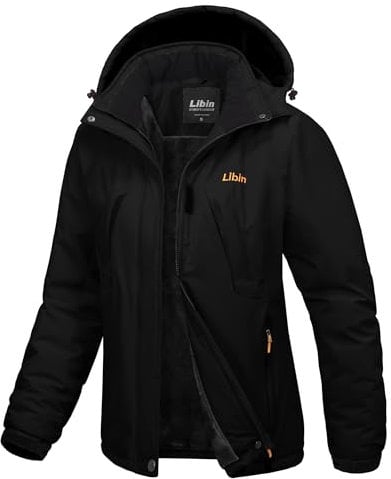 Libin Winterjacke Damen Skijacke Snowboardjacke Warme Gefüttert Fleecejacke Winddicht Outdoorjacke Winter Jacket mit Abnehmbarer Kapuze Softshell Funktionsjacke Schwarz L