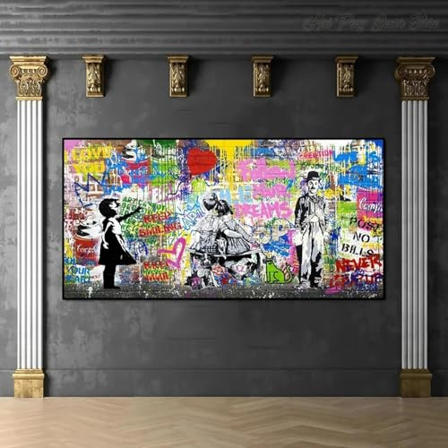 JACBON Banksy Street Art Graffiti Art mural urbain ballon fille toile peinture grande taille affiche et impressions pour décoration de salon 75 x 150 cm sans cadre