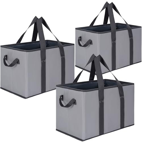 OUUTMEE große Einkaufstasche faltbar 3er Pack Einkaufskorb faltbar mit verstärktem Boden Einkaufstasche für Einkaufswagen & Kofferraum 34 Liter Liter Grau