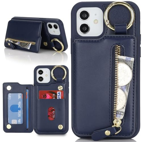 Zouzt for iPhone 11 6.1 Inch Wallet Case with Card Holder for Men Women, PU Leather Kickstand Credit Slots Case, Key Ring Zipper Shockproof Protective Phone Cover - Blue