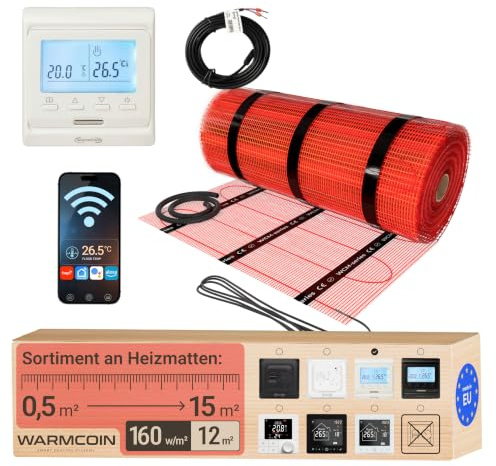 Elektrische Fußbodenheizung Heizmatten-Set mit Digital-Thermostat 12 m² | Digitales Raumthermostat per App, LCD; Elektro-Flächenheizung 160 W/m², selbstklebend, Bodenfühler; für Fliesen