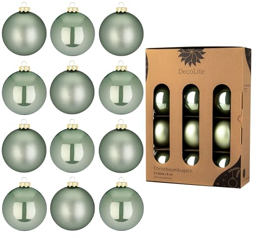 DecoLite: Christbaumkugeln aus Glas Ø 8 cm (12 Stück) - Salbei - matt/glänzend