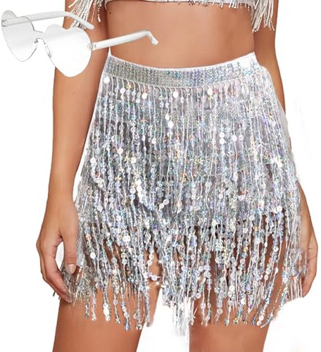 Pailletten Rock, Pailettenrock für Damen Gläser Set, Glitzerrock + Gläser, Quasten Glitzer Rock, Mini Rock für Damen und Mädchen, Silber Bauchtanz Lateintanz Hula-Performance Kostüm, Steampunk Stil