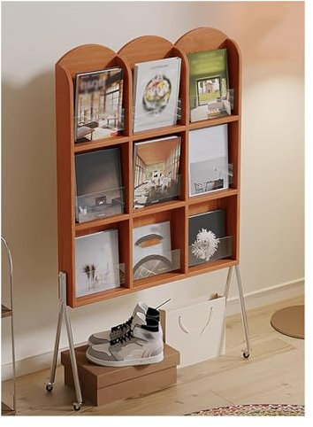 HSWOYEA Rollbare Zeitschriftenständer aus Holz auf dem Boden für Wohnzimmer/Büro/Lesezimmer, moderner Prospekthalter mit großer Kapazität/Literaturregal mit Rädern, Zeitschriftenorganizer