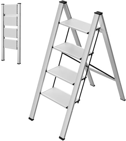 LIFERUN Scala a pioli in alluminio con 4 gradini, pieghevole, antiscivolo, per la casa, multifunzione, facile da riporre fino a 150 kg, portata per cucina, casa, esterni e ufficio, colore: argento