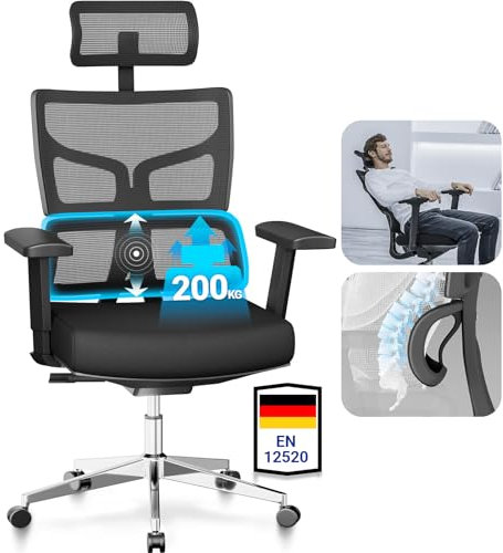 MELOKEA Bürostuhl 200kg, Schreibtischstuhl 3-Stufen-Verriegelung, Ergonomischer Bürostuhl XXL, Große Menschen 160-202 cm, 3D-Überbreit-Armlehnen, Breiter Bürostuhl, Gewichtsaktivierte Mechanik