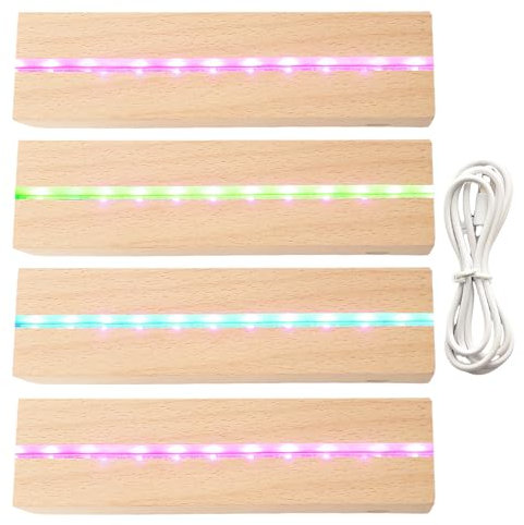 WIYETY 4 Stück LED Lichter Display Basis: Bunt Rechteckig Holzbeleuchtung Basis Stand, USB Desktop LED Leuchten Sockel für 5mm Dicke Acryl Platte Glas Platte Harz Kunst(30x45x150mm)