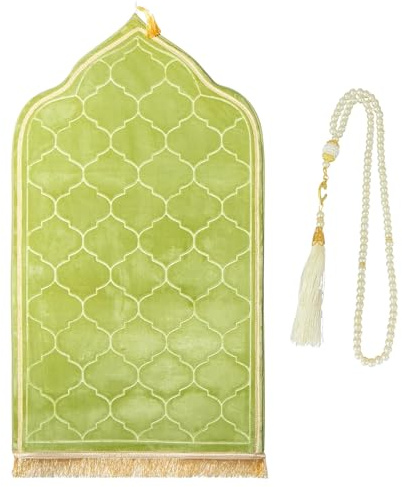 CRFASIBE 2PCS Muslimisches Gebetsteppich mit Tesbih, für Ramadan Eid-Grün | Weiche Flanell-Gebetsteppich mit Fransen, 65 x 115 cm, Islamische Sajadah, für Tägliches Gebet und Reisen, Umrah-Geschenk