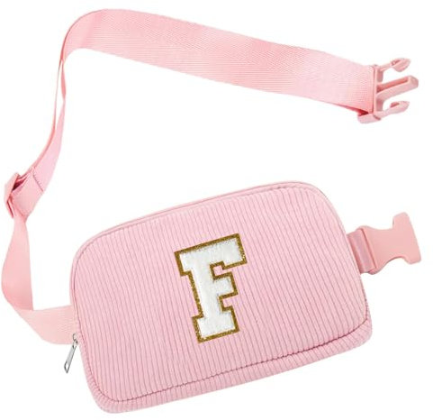 Bauchtasche Gürteltasche Damen, Cord-Crossbody Bag, Brustbeutel Umhängetasche, Schultertasche mit Schultergurt für Outdoor Sport Laufen Reise Fahren Wandern, Initialen F Geschenke für Frauen Mädchen