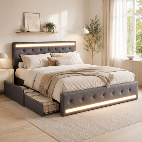 PerGar Polsterbett 180x200 cm, Dunkelgrau LED Bett mit 4 Schubladen, USB | Modernes Leinen Doppelbett mit Type-C Ladefunktion, Ehebett mit LED Beleuchtung an Kopfteil & Bettende für Schlafzimmer