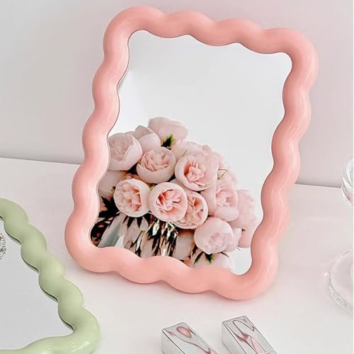 RETZLA Miroir de maquillage pliable et portable – Joli petit miroir de voyage en forme de vague à poser et à suspendre – Décoration de vanité rose pour la maison et le bureau