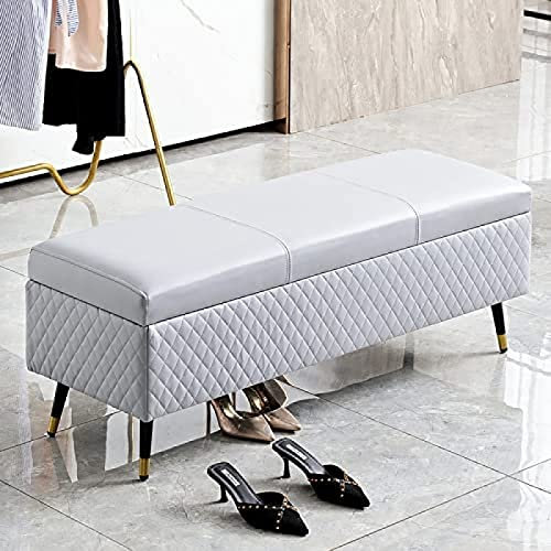 Modernes Schlafsofa mit Stauraum - Premium Leder gepolsterte Eingangsbank in Hellgrau - 47 x 16 x 18 Zoll