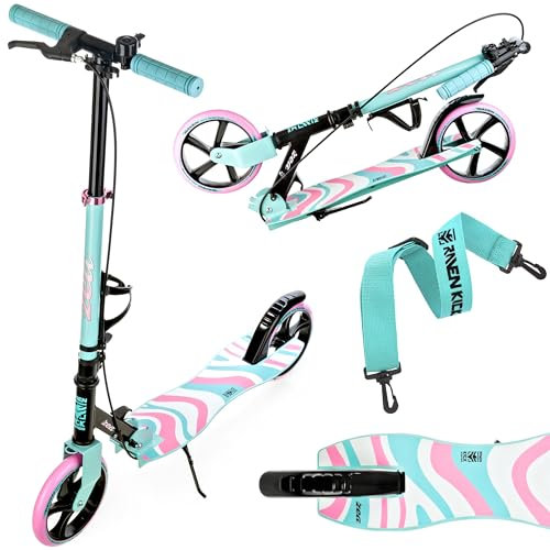 RAVEN Scooter Roller Tretroller Kickscooter für Kinder Erwachsene |klappbar | höhenverstellbar | Tragegurt | Klingel | Flaschenhalter (Zea Mint/Pink mit Handbremse, 200mm)